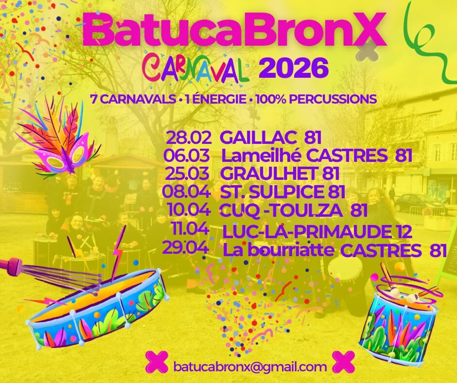 BatucaBronX arrive dans les carnavals du Tarn avec énergie et bonne humeur communicative 🔥Ambiance…